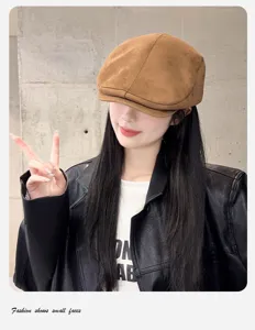 Brown suede newsboy cap for women, stylish autumn winter fashion duckbill hat casual wear.