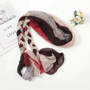 Multicolor braided scarf headscarf for women, stylish boho hair accessory detail shot.