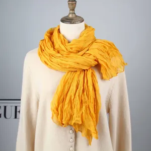 Women solid color crinkled scarf spring fashion elegant neckerchief lightweight yellow