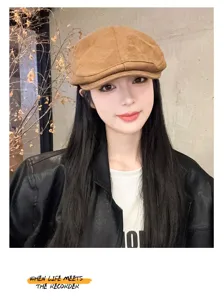 Brown suede newsboy cap for women stylish autumn winter flat cap retro trendy hat detail