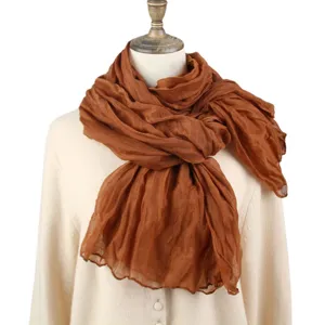 Women brown solid color crumpled long lightweight chiffon scarf for spring daily wear.