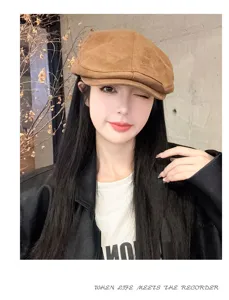 Stylish brown suede newsboy cap for women, perfect autumn winter fashion duck tongue hat detail.