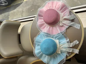 Damen Sonnenhut mit breiter Krempe, Netzspitze und Schleife, koreanischer Strohhut fuer Strand.