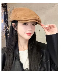Trendy women brown suede newsboy cap, chic vintage autumn winter flat duckbill hat for daily wear.