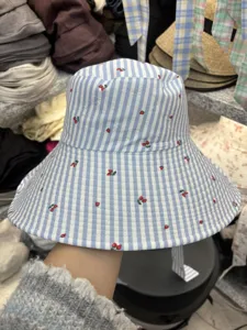 Blue white striped bucket hat with cute strawberry print, wide brim casual sun hat for women.