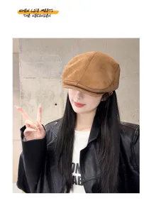 Brown suede newsboy cap for women, stylish vintage flat cap, trendy autumn winter hat.