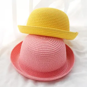 Chapeau de paille rond d'été pour femme mignon bord roulé protection solaire plage rose