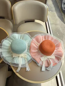 Damen breite Krempe Sonnenhut Sommer Strohhut Strandhut mit Netz Schleife Mode Kopfbedeckung