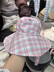 Women large brim bucket hat pink blue plaid trendy casual sun protection basin hat