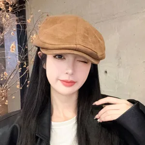 Women Suede Newsboy Cap Vintage Solid Color Flat Cap Autumn Winter Casual Beret Painter Hat Fashion Accessories