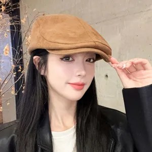 Women's suede newsboy cap in brown, stylish autumn winter flat duckbill hat for daily wear.