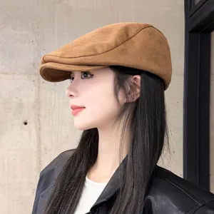 Brown suede flat cap for women, stylish autumn and winter ivy newsboy hat main view.
