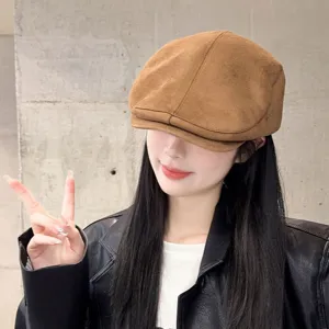 Women brown suede newsboy cap fashion casual autumn winter flat hat chic retro style main view