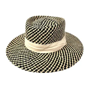French style black white woven straw hat, flat crown sun hat for women summer beach travel.