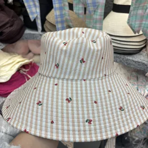 Wide brim bucket hat for women, cute strawberry print striped design, casual sun hat.
