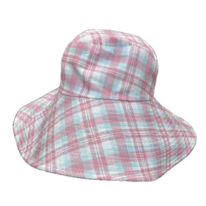 Women wide brim plaid bucket hat fashion casual spring autumn sun basin hat cute pink blue