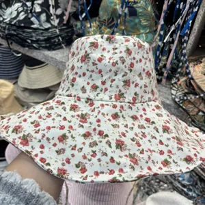 Weiße florale Damen Bucket Hat mit breiter Krempe Sonnenschutz lässiger Sommerhut Strandhut