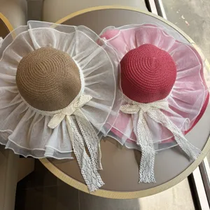 Damen Strohhut mit breiter Krempe, Netzstoff und Schleife, stilvoller Sommer Strandhut.