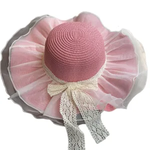 Damen Strohhut breitkrempig Sommer Strand Sonnenhut rosa Schleife UV Schutz Kappe modisch