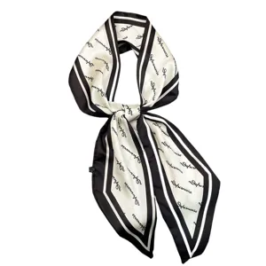Elegant black and white silk twilly scarf, chic cursive print neck ribbon for women.