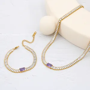 Baguette zircon gold necklace bracelet set detail view, elegant purple stone sparkle.