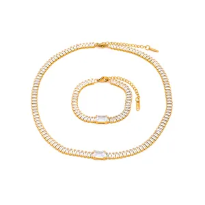 Gold stainless steel baguette white zircon tennis necklace and bracelet jewelry set main view