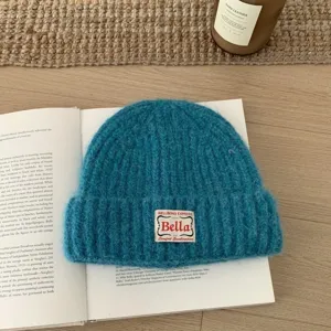 Women Korean Ribbed Knit Beanie Cloth Label Patch Cuffed Soft Slouchy Warm Winter Hat Preppy Solid Color Skull Cap Outdoor Everyday Headwear