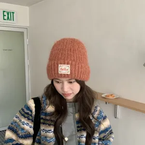 Women's autumn winter knitted beanie hat with woven label cozy casual warm stylish headwear