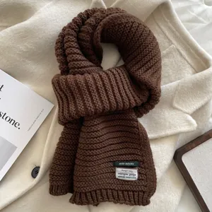 Cozy winter knit scarf detail, thick ribbed brown winter warm fashion scarf texture.