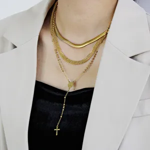 Multi-layer gold chain necklace, stainless steel herringbone snake chain with cross pendant.