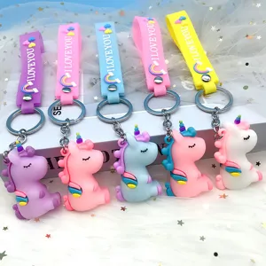 Cute Cartoon Unicorn Rainbow Rope Keychain PVC Moving Sitting Unicorn Bag Charm Car Key Ring Hanging Pendant For Women Girls Gift