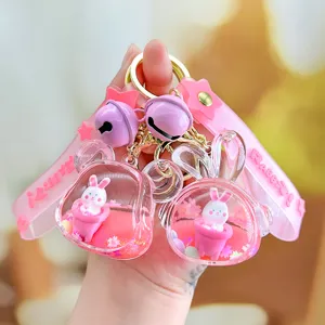 Joli Porte-Clés Sable Mouvant Liquide Lapin Baignoire Rose Dessin Animé Pendentif Animal Acrylique pour Sac Voiture Cadeau Femme Amis