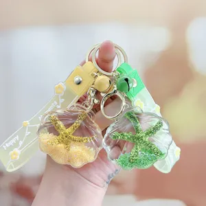 Creative starfish quicksand liquid keychain acrylic shell cute bag pendant car key ring gift