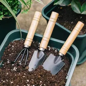 3-piece heavy duty gardening tool set with wooden handles for potted plants and soil.