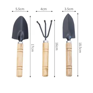 3-piece mini garden tool set with wooden handles and black iron shovels