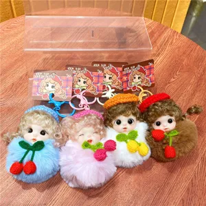 Schattieve slapende prinses pluche pop sleutelhanger, donzige pompon tas hanger met kers.