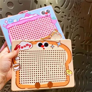 Detailweergave van schattig toast en melk vorm magnetische stalen bal tekening speelgoed.
