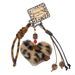 Schattige luipaardprint pluche hart sleutelhanger pluizige tas bedel met lederen band
