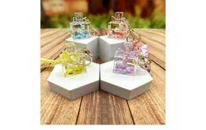 Detailed view of the cute liquid-filled unicorn perfume bottle keychain hanging accessory.