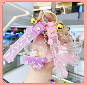 Joli porte-clés licorne sable mouvant fleur de cerisier bouteille d'huile pendentif sac fille.