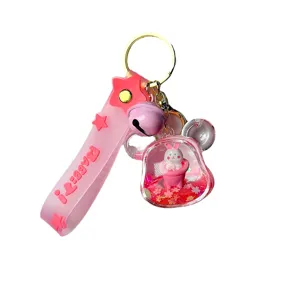 Joli porte-clés liquide lapin baignoire rose, adorable pendentif de sac dessin animé.