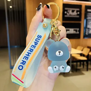 Transparenter Harz Bär Schlüsselanhänger mit blauem Superhelden Band, Autotasche Anhänger.
