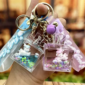 Cute Cartoon Unicorn Liquid Quicksand Perfume Bottle Keychain Pendant Acrylic Glitter Drift Bottle Bag Charm Key Ring For Women Girls Gift