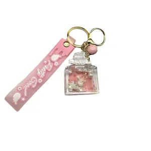 Pink liquid floating unicorn keychain cute glitter perfume bottle key ring bag charm
