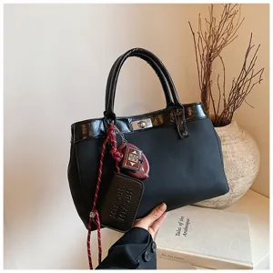 Women black top handle tote bag minimalist PU leather shoulder handbag with stylish charms