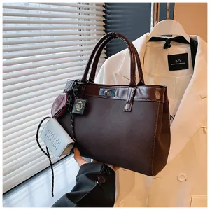 Urban minimalist brown shoulder bag, vintage PU leather crossbody bag with cute charms.