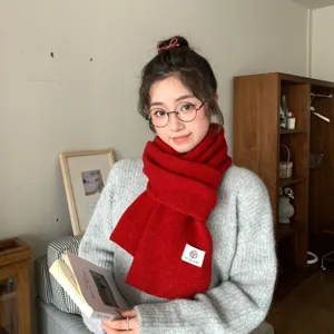 Winter warm red knitted wool scarf for women and men, cozy fashion neck warmer accessory.