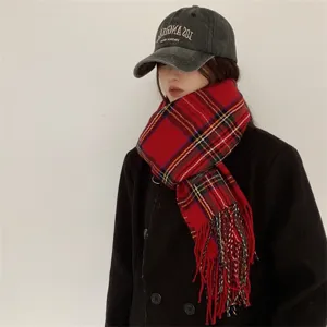 Echarpe ecossaise rouge pour femme hiver chaud imitation cachemire frange chache-nez elegante
