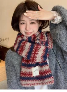 Cozy winter wool knit striped scarf for women and men, warm soft casual fashion neck warmer.