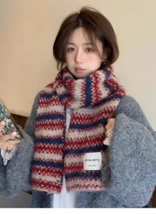 Korean style autumn winter knitted striped scarf for women men warm cozy neck wrap.